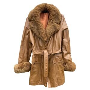 VTG Penny Lane Coat Faux Fur and Leather Brown Orange 70s‎ Afghan Retro Coat